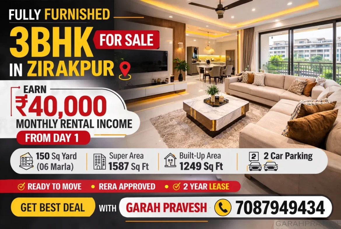 Fully furnished 3BHK flat for sale in Zirakpur with designer interiors, 150 sq yard property, ₹40,000 monthly rental income, gated society with 2 car parking