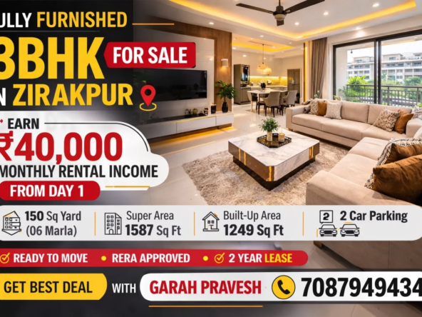 Fully furnished 3BHK flat for sale in Zirakpur with designer interiors, 150 sq yard property, ₹40,000 monthly rental income, gated society with 2 car parking