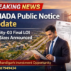 GMADA public notice update for EcoCity-03 New Chandigarh announcing final LOI residential and commercial plot sizes with investor reviewing documents.