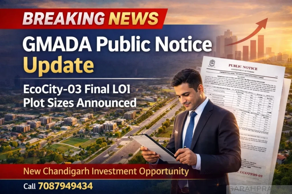 GMADA public notice update for EcoCity-03 New Chandigarh announcing final LOI residential and commercial plot sizes with investor reviewing documents.