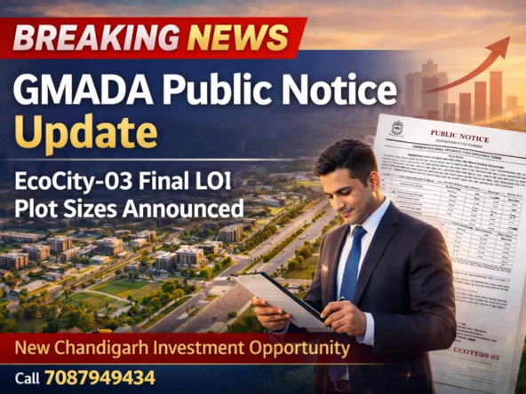 GMADA public notice update for EcoCity-03 New Chandigarh announcing final LOI residential and commercial plot sizes with investor reviewing documents.