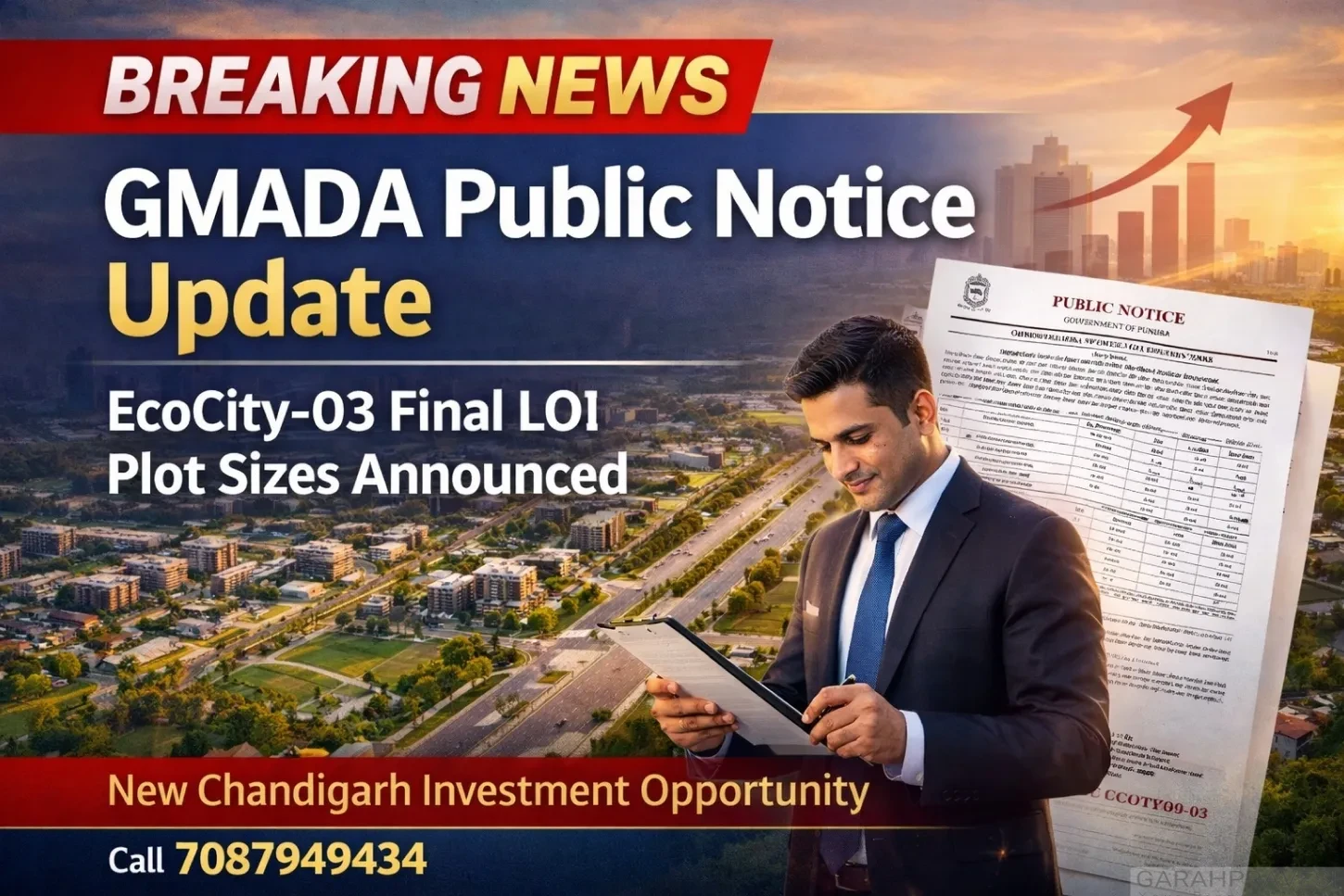 GMADA public notice update for EcoCity-03 New Chandigarh announcing final LOI residential and commercial plot sizes with investor reviewing documents.
