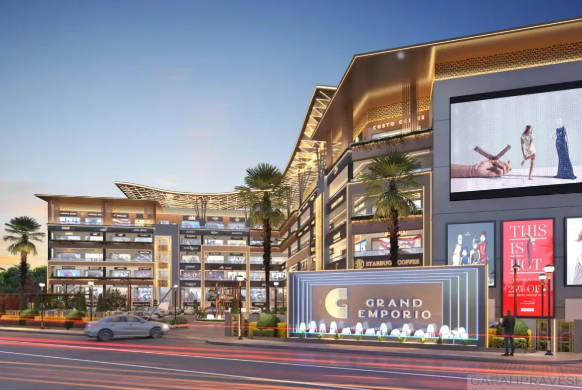 Premium commercial showrooms for sale in Grand Emporio Mohali Aerocity PR7 high street retail project with luxury facade and high visibility