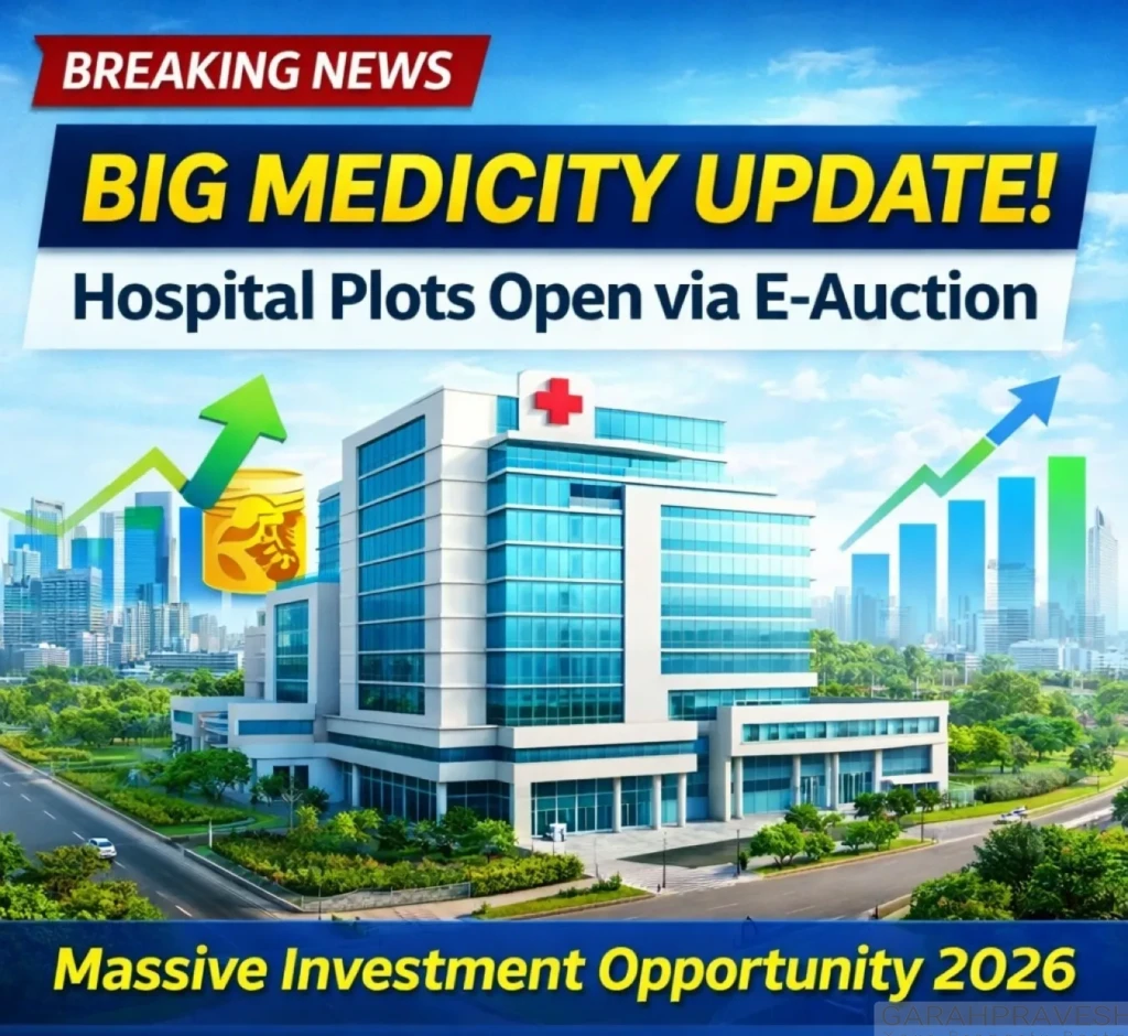Modern hospital building in New Chandigarh Medicity with rising investment graph showing hospital plots available via e-auction 2026