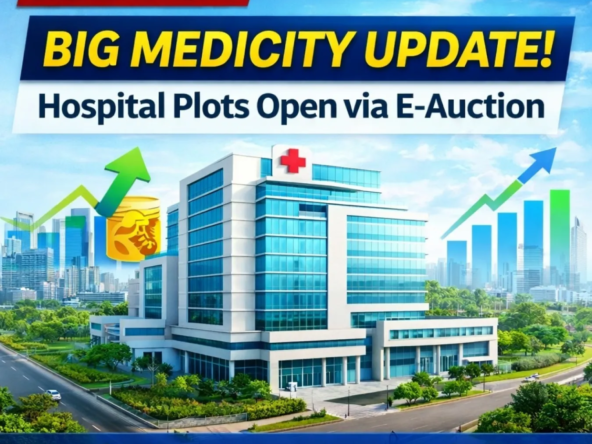 Modern hospital building in New Chandigarh Medicity with rising investment graph showing hospital plots available via e-auction 2026
