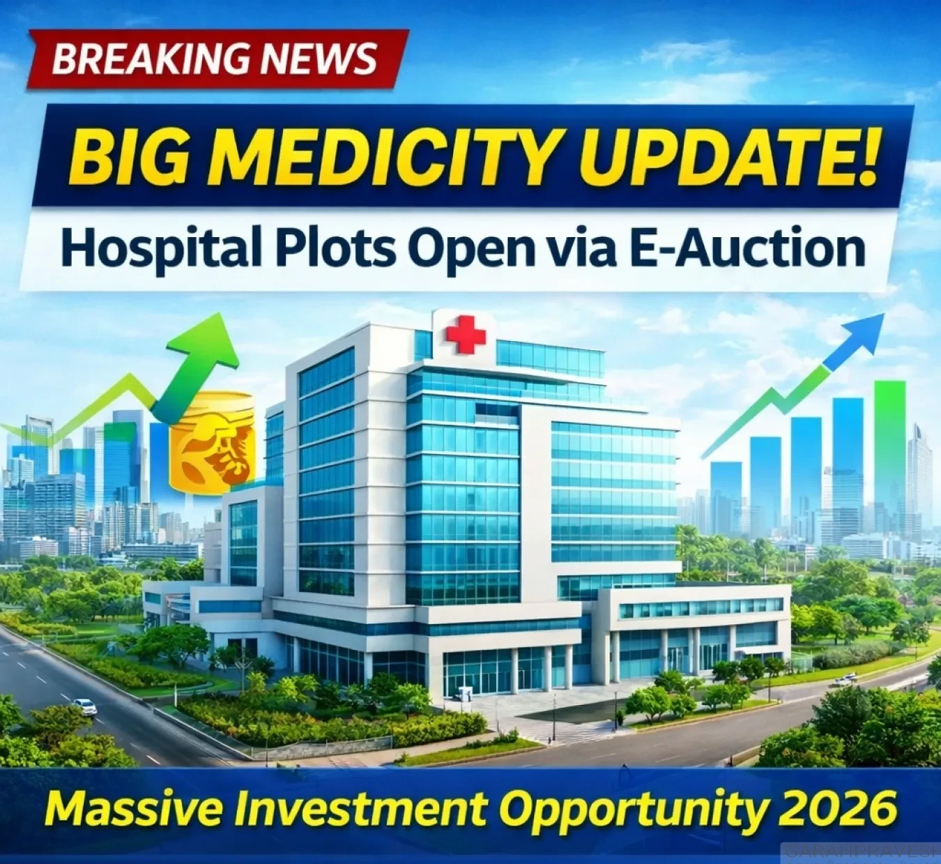 Modern hospital building in New Chandigarh Medicity with rising investment graph showing hospital plots available via e-auction 2026