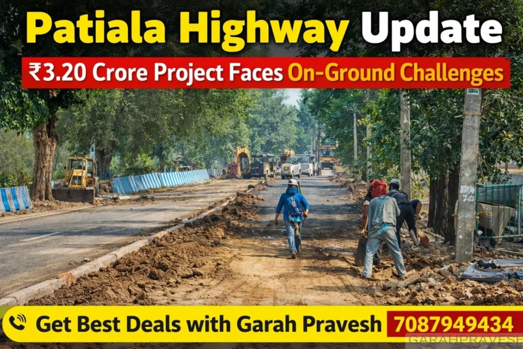 High-Ground Road construction update on Patiala Highway showing road widening work with trees and electricity poles causing delays