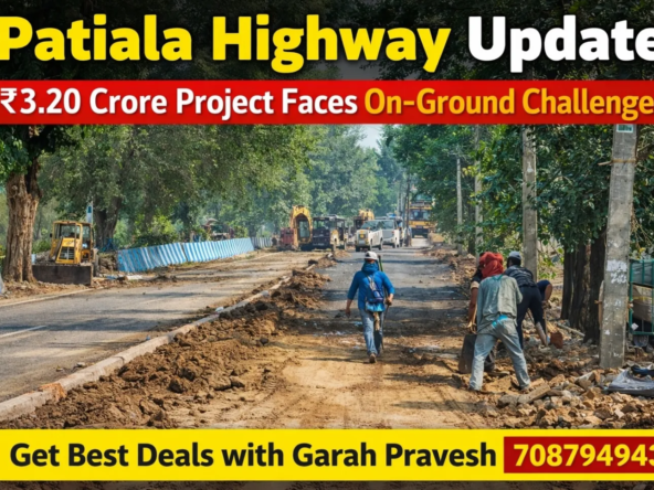 High-Ground Road construction update on Patiala Highway showing road widening work with trees and electricity poles causing delays