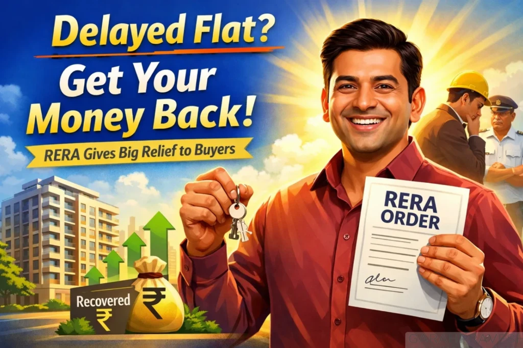 Happy Indian homebuyer holding keys and RERA order showing recovery of delayed flat interest with builder facing action in background