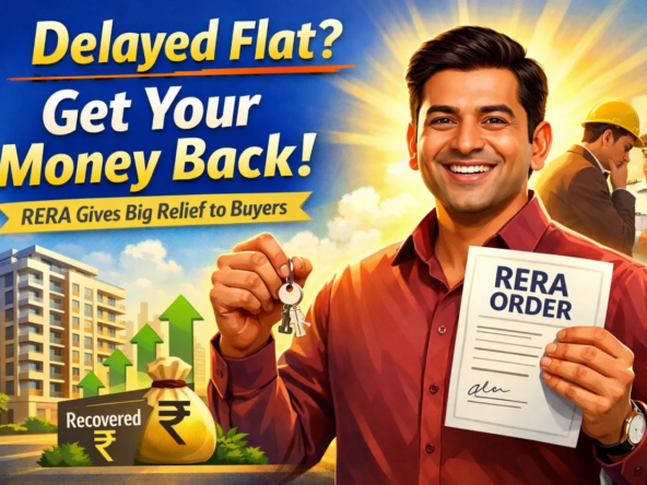 Happy Indian homebuyer holding keys and RERA order showing recovery of delayed flat interest with builder facing action in background