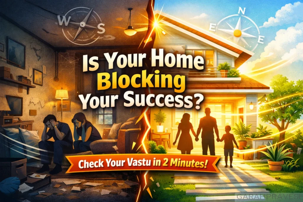 Split image of a house showing bad vs good Vastu with stressed family on one side and happy family on other, highlighting home energy and success