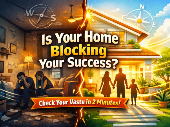 Split image of a house showing bad vs good Vastu with stressed family on one side and happy family on other, highlighting home energy and success