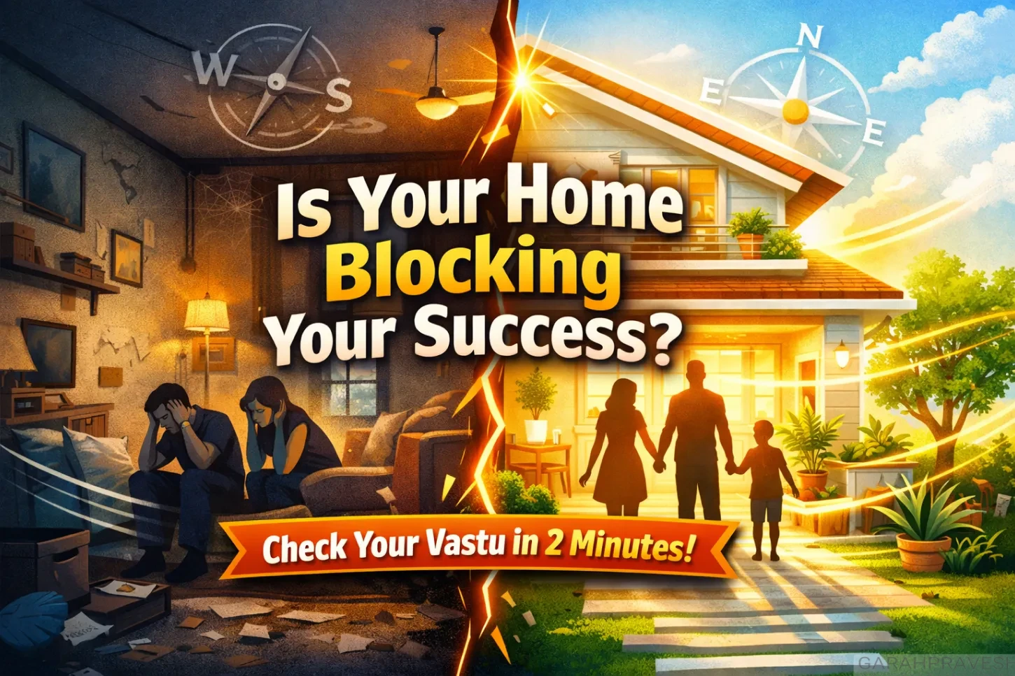 Split image of a house showing bad vs good Vastu with stressed family on one side and happy family on other, highlighting home energy and success