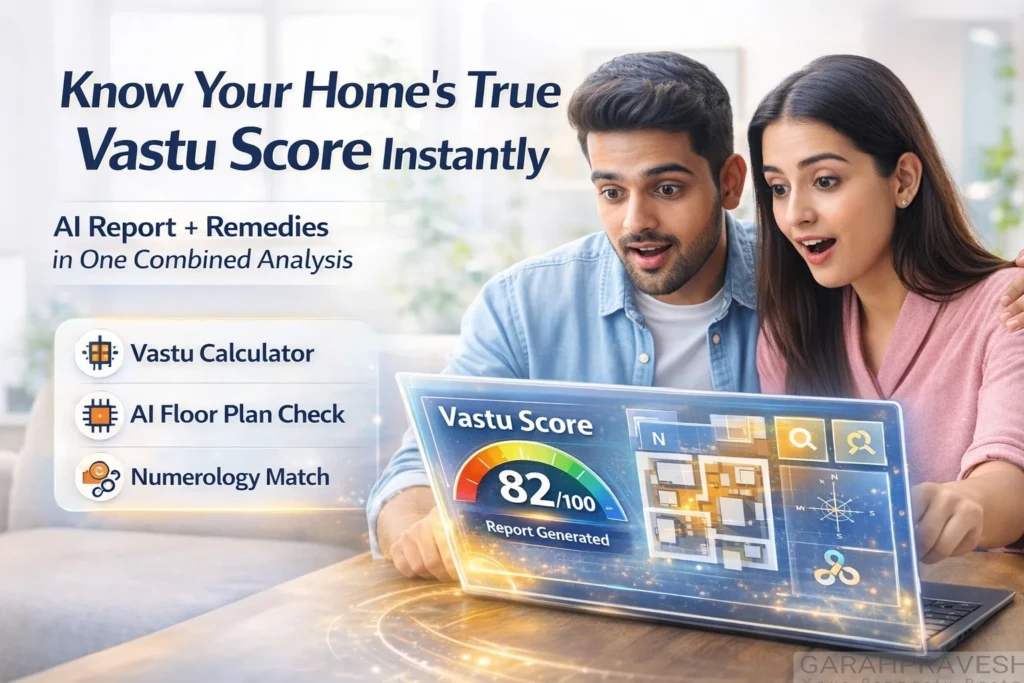 AI-powered Vastu calculator showing combined report with floor plan analysis, numerology match, and instant Vastu score on a modern dashboard