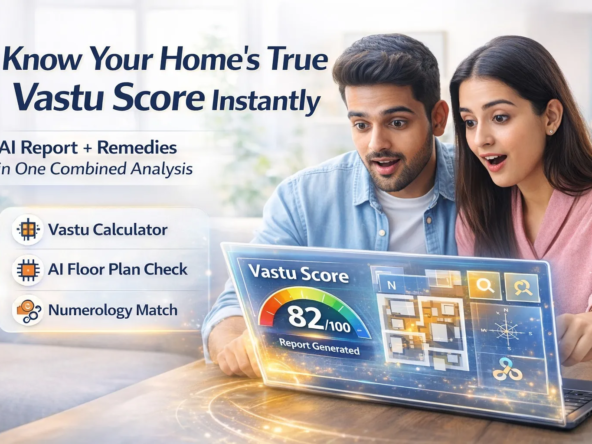 AI-powered Vastu calculator showing combined report with floor plan analysis, numerology match, and instant Vastu score on a modern dashboard