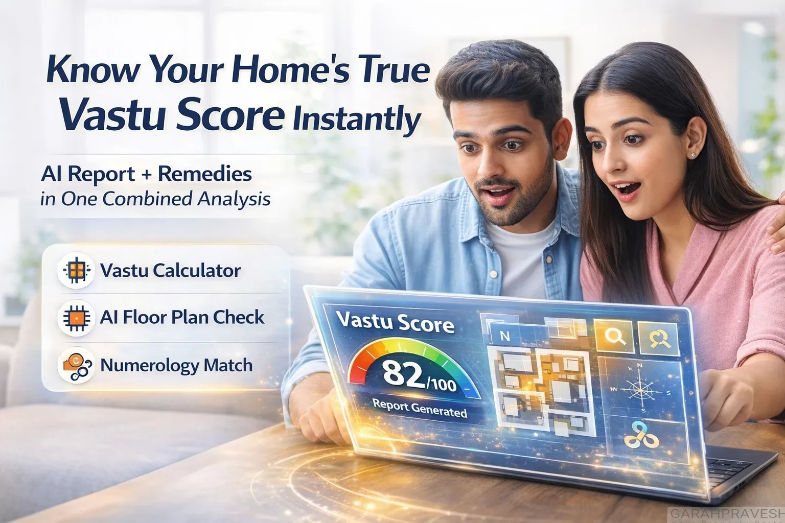 AI-powered Vastu calculator showing combined report with floor plan analysis, numerology match, and instant Vastu score on a modern dashboard