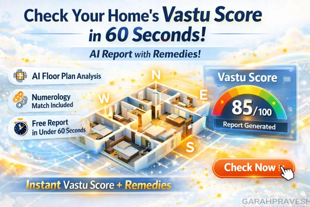 AI-powered Vastu calculator showing floor plan analysis, numerology match, and instant Vastu score report generated in under 60 seconds