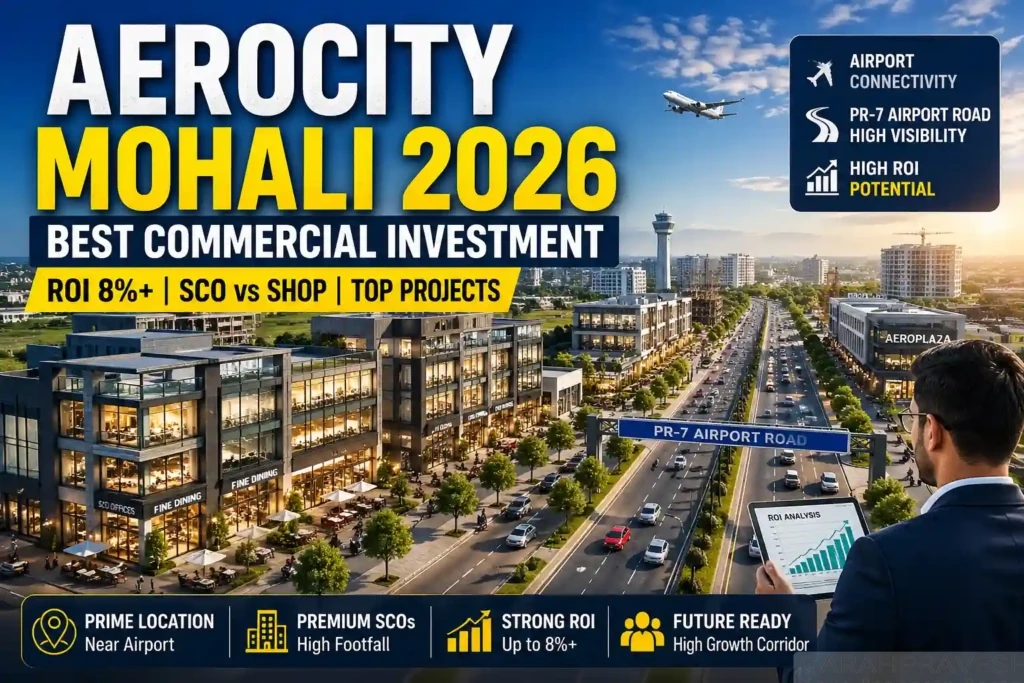 Best commercial property in Aerocity Mohali 2026 showing PR-7 Airport Road, SCO buildings and high ROI investment area