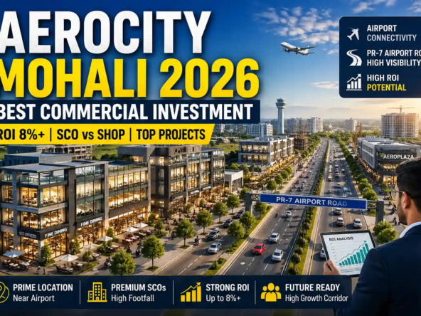 Best commercial property in Aerocity Mohali 2026 showing PR-7 Airport Road, SCO buildings and high ROI investment area