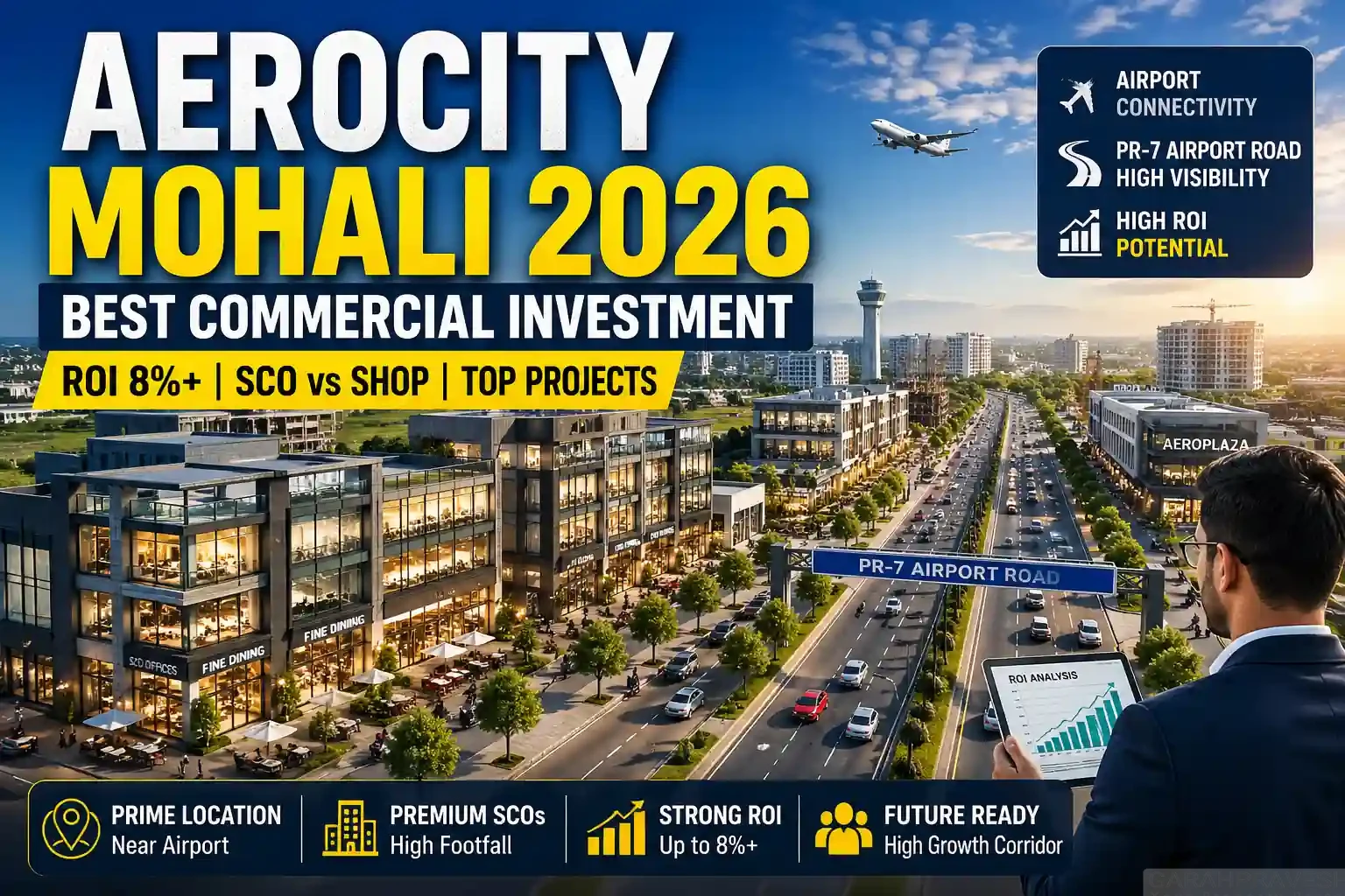 Best commercial property in Aerocity Mohali 2026 showing PR-7 Airport Road, SCO buildings and high ROI investment area