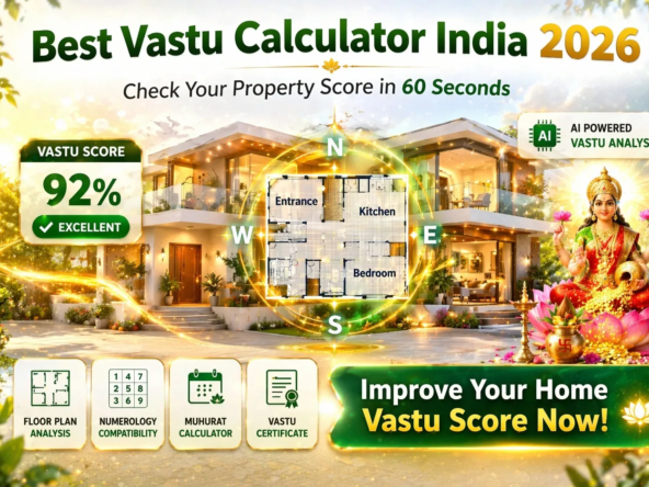 AI-powered Vastu calculator analyzing a modern Indian home floor plan with 92% Vastu score and directional compass overlay
