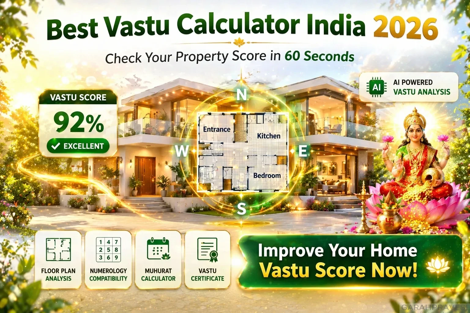 AI-powered Vastu calculator analyzing a modern Indian home floor plan with 92% Vastu score and directional compass overlay