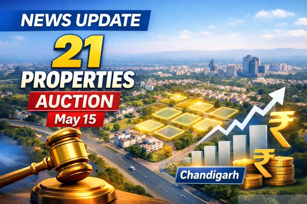 Chandigarh property auction 2026 news update showing 21 residential, commercial and industrial properties going for e-auction on May 15 with highlighted plots and auction gavel