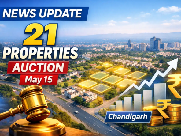 Chandigarh property auction 2026 news update showing 21 residential, commercial and industrial properties going for e-auction on May 15 with highlighted plots and auction gavel