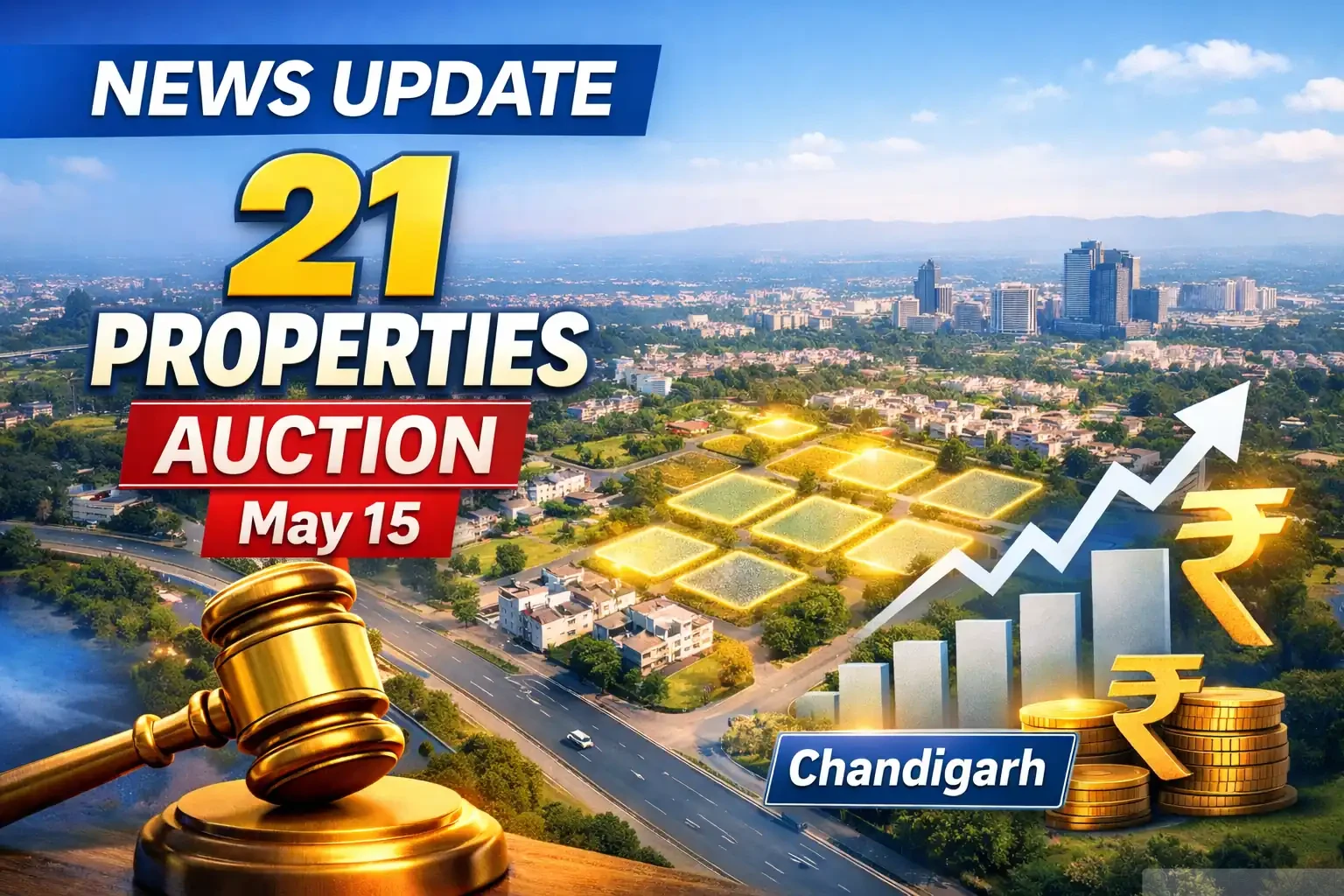 Chandigarh property auction 2026 news update showing 21 residential, commercial and industrial properties going for e-auction on May 15 with highlighted plots and auction gavel