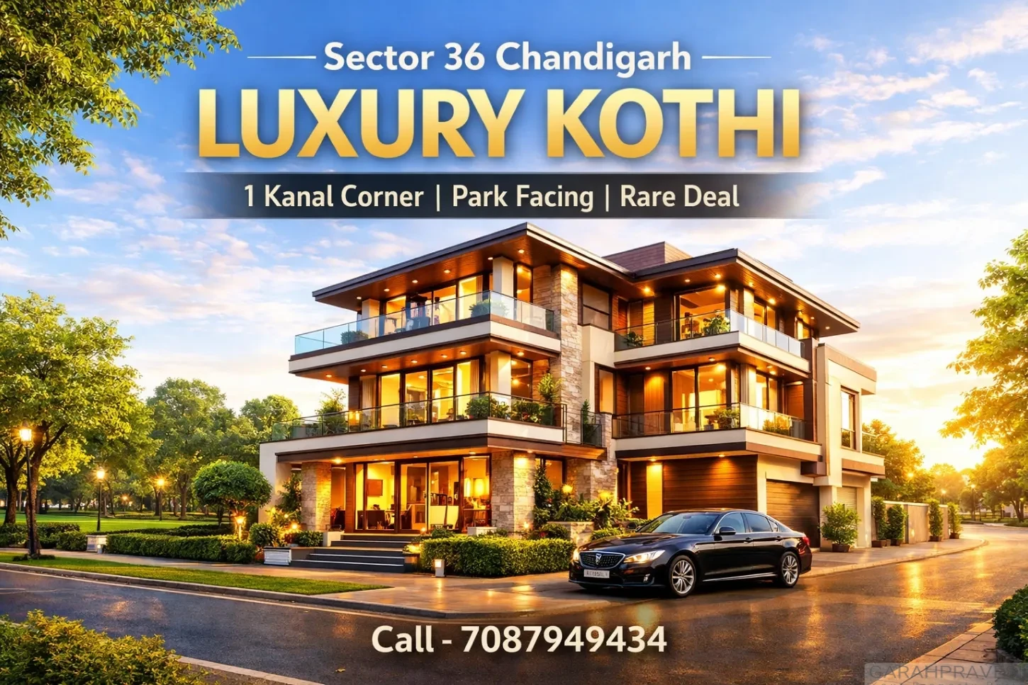Luxury 1 kanal corner kothi for sale in Sector 36 Chandigarh with park facing view and modern architecture