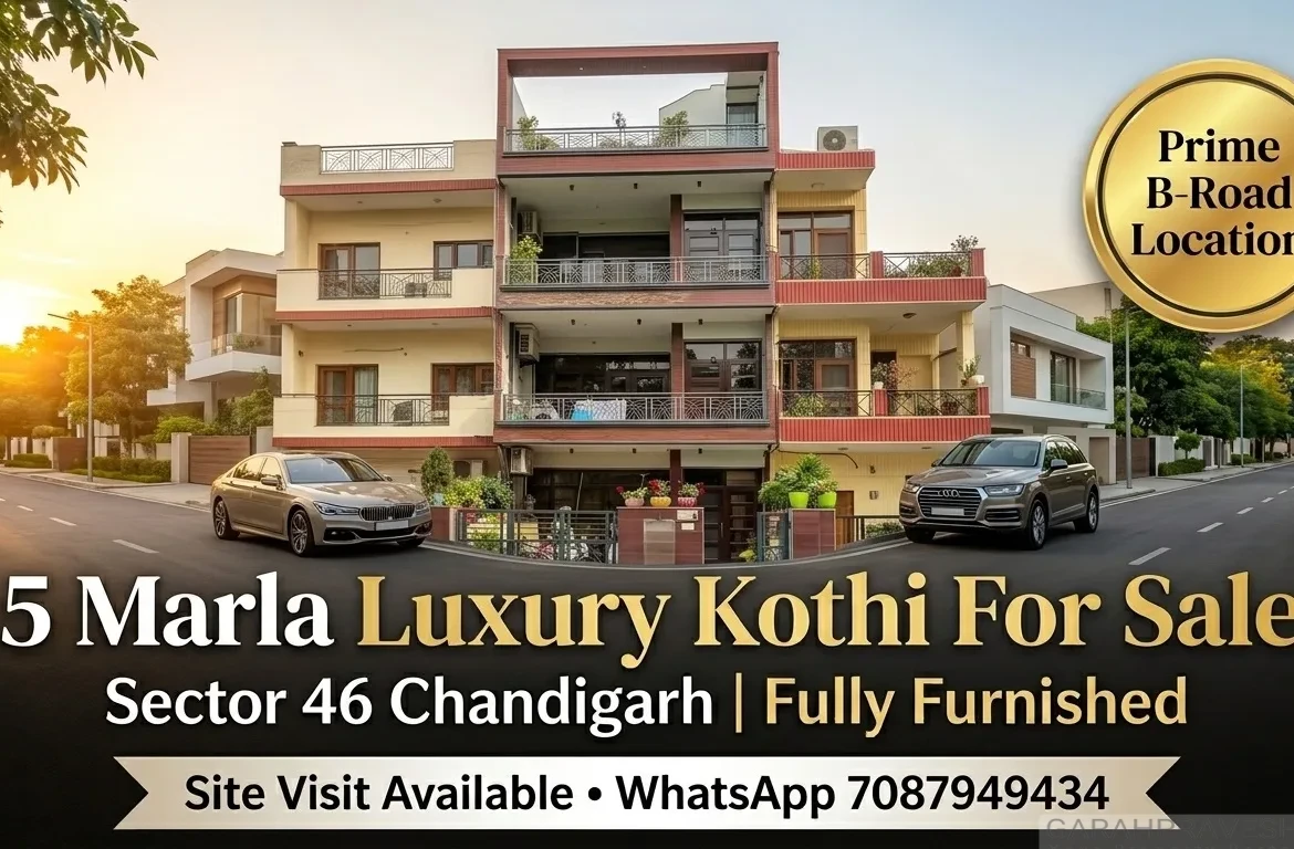 Luxury 5 Marla fully furnished kothi for sale in Sector 46 Chandigarh with wide B-road location and modern exterior design