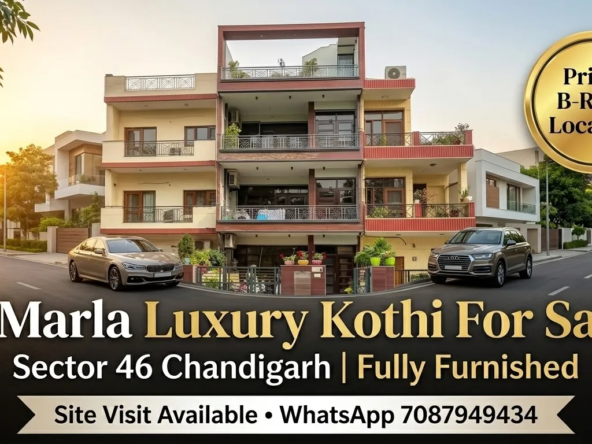Luxury 5 Marla fully furnished kothi for sale in Sector 46 Chandigarh with wide B-road location and modern exterior design