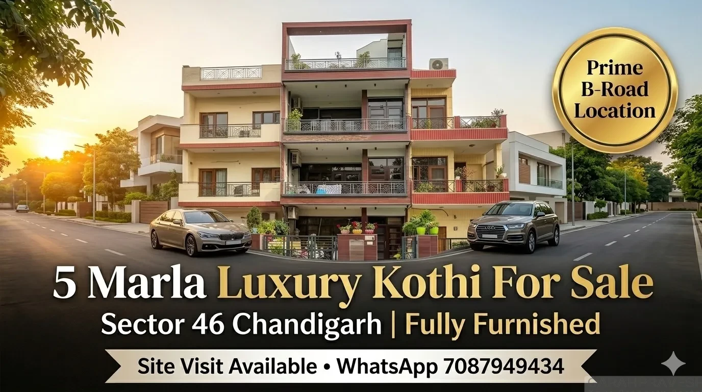 Luxury 5 Marla fully furnished kothi for sale in Sector 46 Chandigarh with wide B-road location and modern exterior design