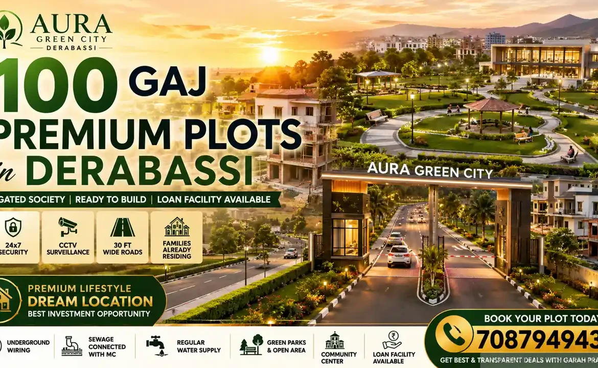 100 gaj premium residential plots in Aura Green City Derabassi with gated society, wide roads, green parks, luxury homes, and modern infrastructure near Chandigarh