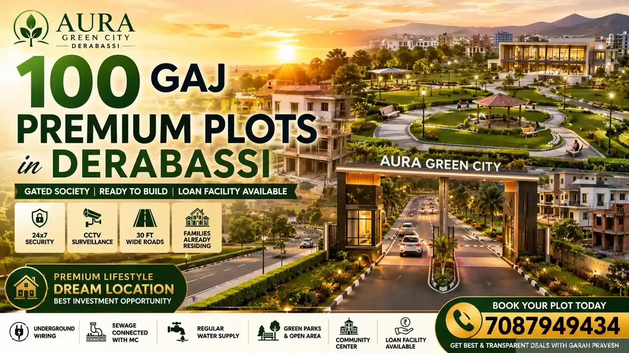 100 gaj premium residential plots in Aura Green City Derabassi with gated society, wide roads, green parks, luxury homes, and modern infrastructure near Chandigarh