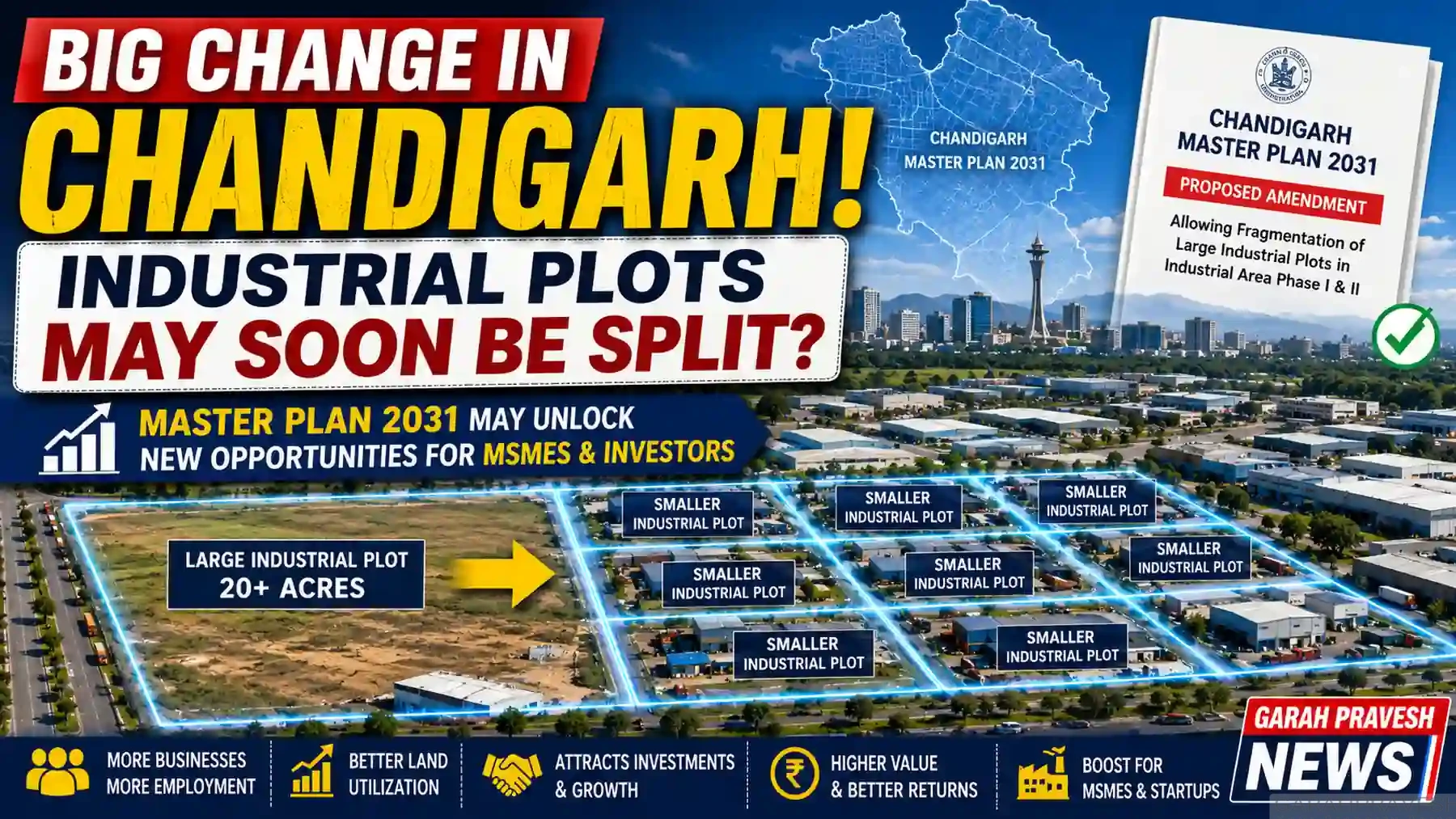 Chandigarh Master Plan 2031 industrial plot fragmentation — large plots may be subdivided in Industrial Area Phase I and Phase II