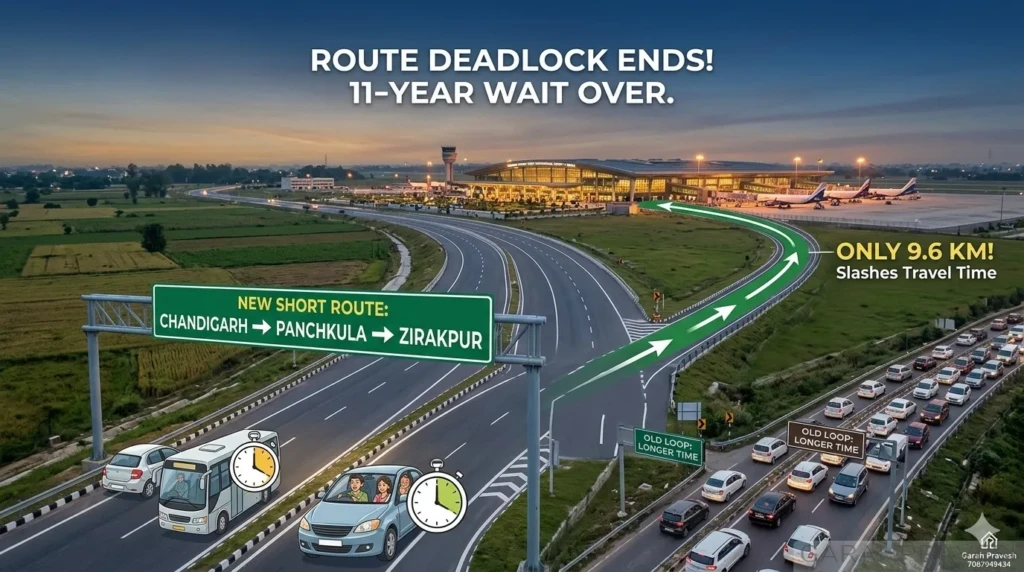 An infographic concept image of the Shaheed Bhagat Singh International Mohali Airport terminal at twilight, comparing the new direct, fast-moving short route for Chandigarh, Panchkula, and Zirakpur against a congested old loop road, highlighting a reduced distance of only 9.6 km.