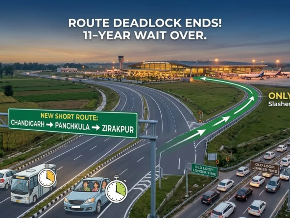 An infographic concept image of the Shaheed Bhagat Singh International Mohali Airport terminal at twilight, comparing the new direct, fast-moving short route for Chandigarh, Panchkula, and Zirakpur against a congested old loop road, highlighting a reduced distance of only 9.6 km.