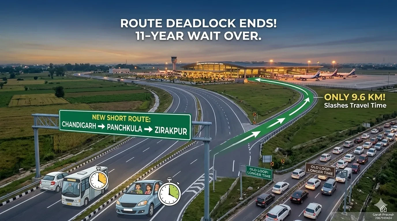 An infographic concept image of the Shaheed Bhagat Singh International Mohali Airport terminal at twilight, comparing the new direct, fast-moving short route for Chandigarh, Panchkula, and Zirakpur against a congested old loop road, highlighting a reduced distance of only 9.6 km.