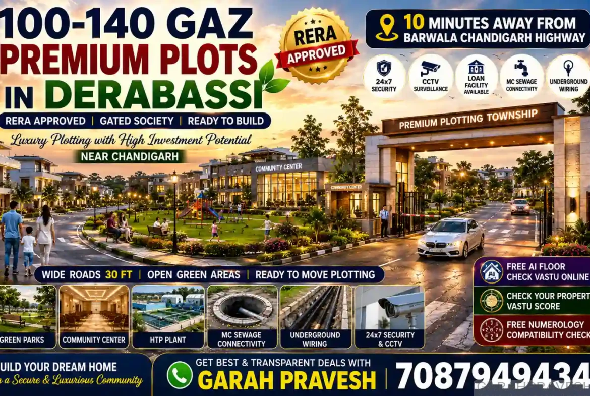 100-140 gaz premium residential plots in Derabassi with RERA approved gated society, wide roads, green parks, CCTV security, underground wiring, and luxury lifestyle near Chandigarh