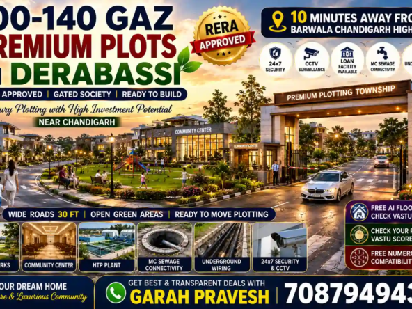 100-140 gaz premium residential plots in Derabassi with RERA approved gated society, wide roads, green parks, CCTV security, underground wiring, and luxury lifestyle near Chandigarh