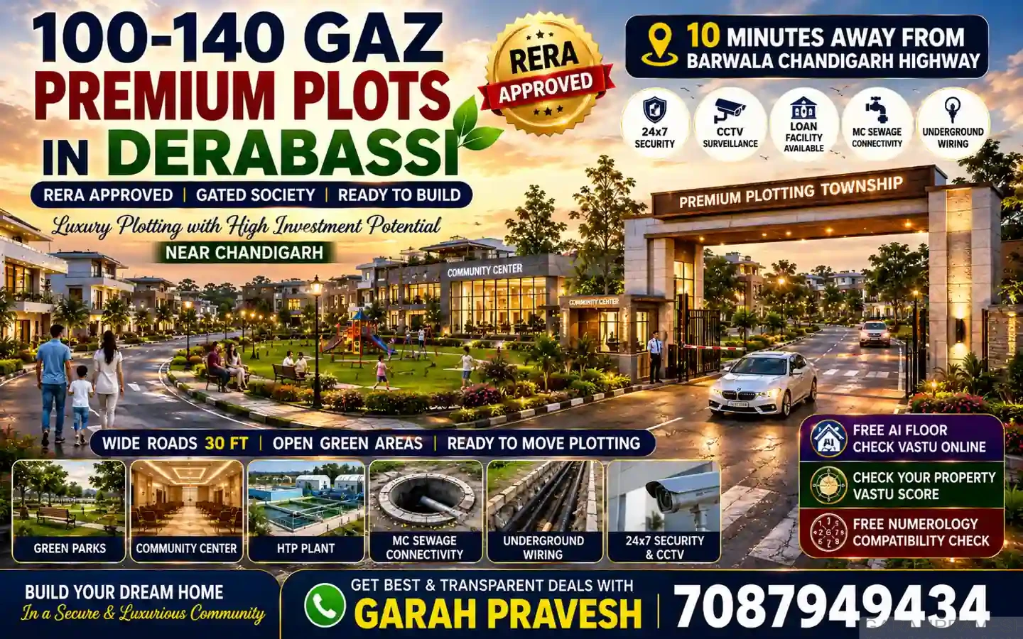 100-140 gaz premium residential plots in Derabassi with RERA approved gated society, wide roads, green parks, CCTV security, underground wiring, and luxury lifestyle near Chandigarh