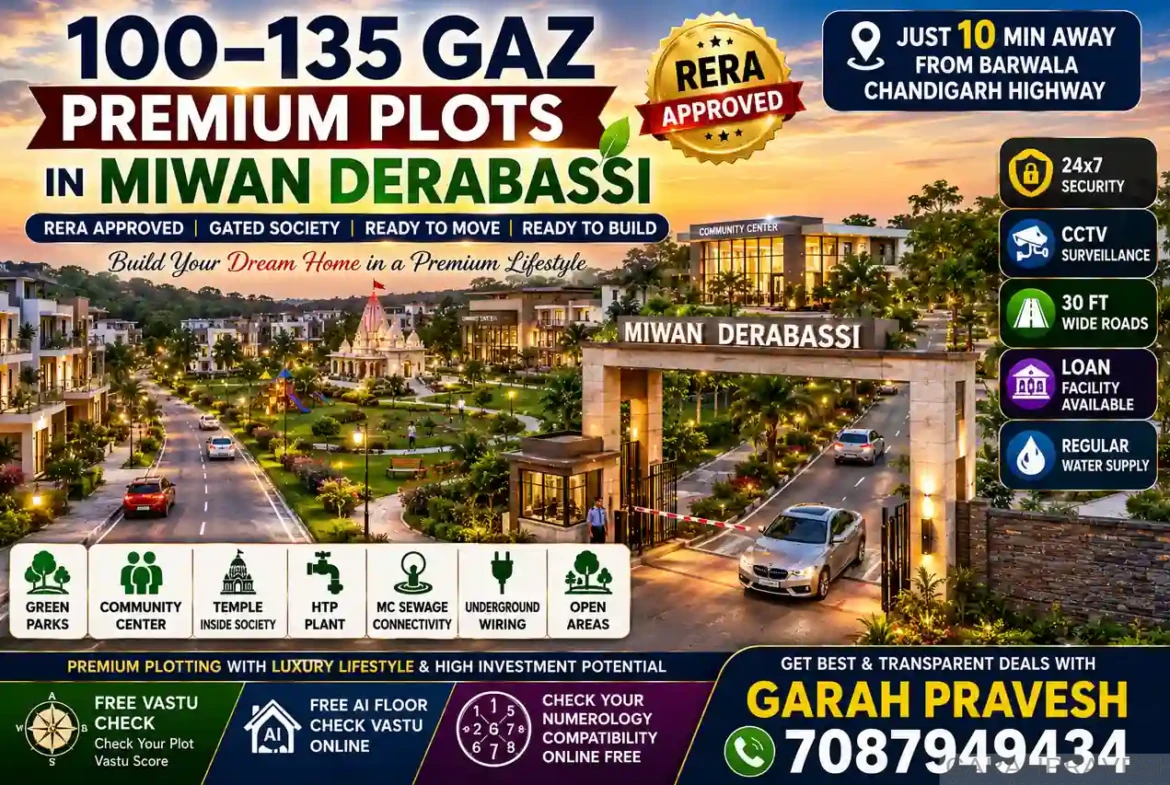 100-135 gaz premium residential plots in Miwan Derabassi with RERA approved gated society, wide roads, green parks, temple, CCTV security, and luxury lifestyle near Chandigarh