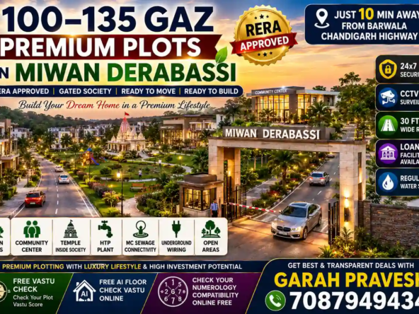 100-135 gaz premium residential plots in Miwan Derabassi with RERA approved gated society, wide roads, green parks, temple, CCTV security, and luxury lifestyle near Chandigarh