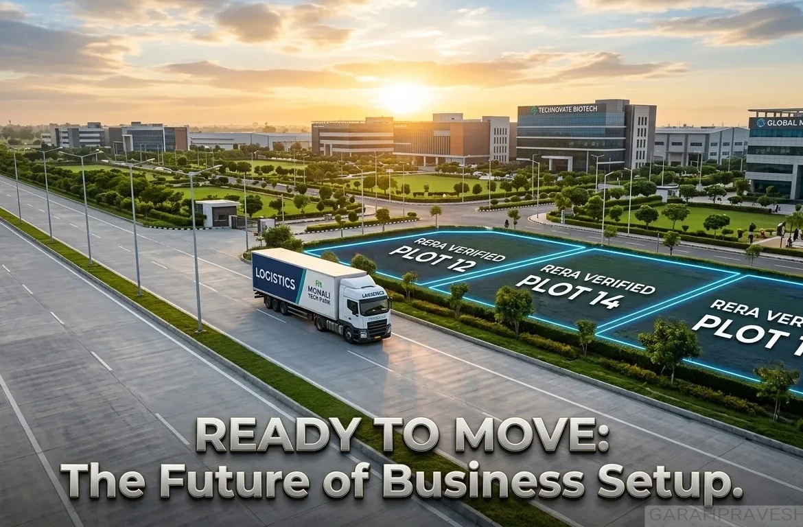 A high-end, wide-angle cinematic architectural photograph of a massive, modern industrial park in Mohali during a golden hour sunset. A sleek logistics freight truck drives on a wide, pristine concrete expressway in the foreground. To the right, neat industrial plots are outlined with glowing blue digital borders labeled "RERA VERIFIED PLOT 12, 14, and 16" in crisp white text. The background features manicured green lawns, LED streetlights, and state-of-the-art corporate and manufacturing facilities like "Technovate Biotech" and "Global MFG". Metallic-embossed 3D text in the lower third reads: "READY TO MOVE: The Future of Business Setup."