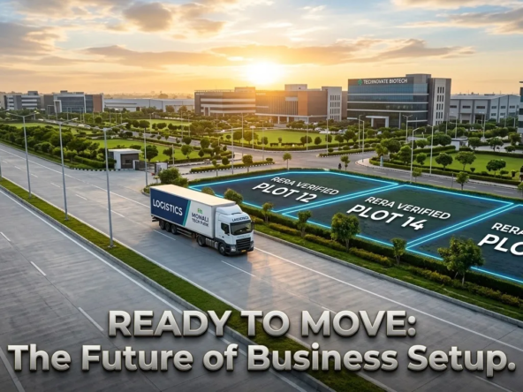 A high-end, wide-angle cinematic architectural photograph of a massive, modern industrial park in Mohali during a golden hour sunset. A sleek logistics freight truck drives on a wide, pristine concrete expressway in the foreground. To the right, neat industrial plots are outlined with glowing blue digital borders labeled "RERA VERIFIED PLOT 12, 14, and 16" in crisp white text. The background features manicured green lawns, LED streetlights, and state-of-the-art corporate and manufacturing facilities like "Technovate Biotech" and "Global MFG". Metallic-embossed 3D text in the lower third reads: "READY TO MOVE: The Future of Business Setup."
