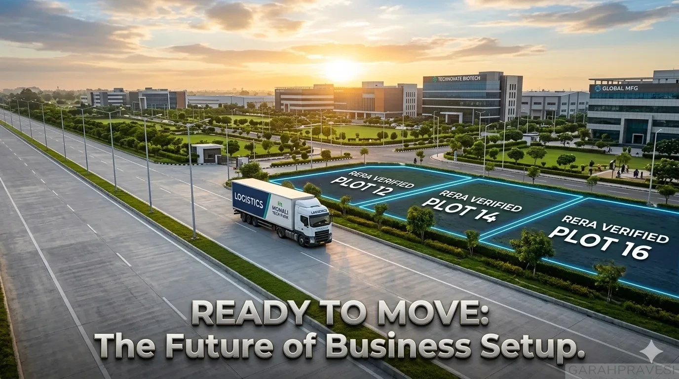A high-end, wide-angle cinematic architectural photograph of a massive, modern industrial park in Mohali during a golden hour sunset. A sleek logistics freight truck drives on a wide, pristine concrete expressway in the foreground. To the right, neat industrial plots are outlined with glowing blue digital borders labeled "RERA VERIFIED PLOT 12, 14, and 16" in crisp white text. The background features manicured green lawns, LED streetlights, and state-of-the-art corporate and manufacturing facilities like "Technovate Biotech" and "Global MFG". Metallic-embossed 3D text in the lower third reads: "READY TO MOVE: The Future of Business Setup."