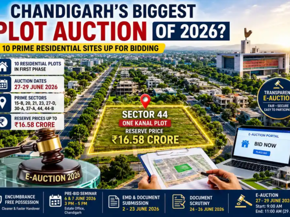 Chandigarh Residential Plots Auction 2026 featuring prime residential sites across key sectors including Sector 44 with reserve price of ₹16.58 crore.
