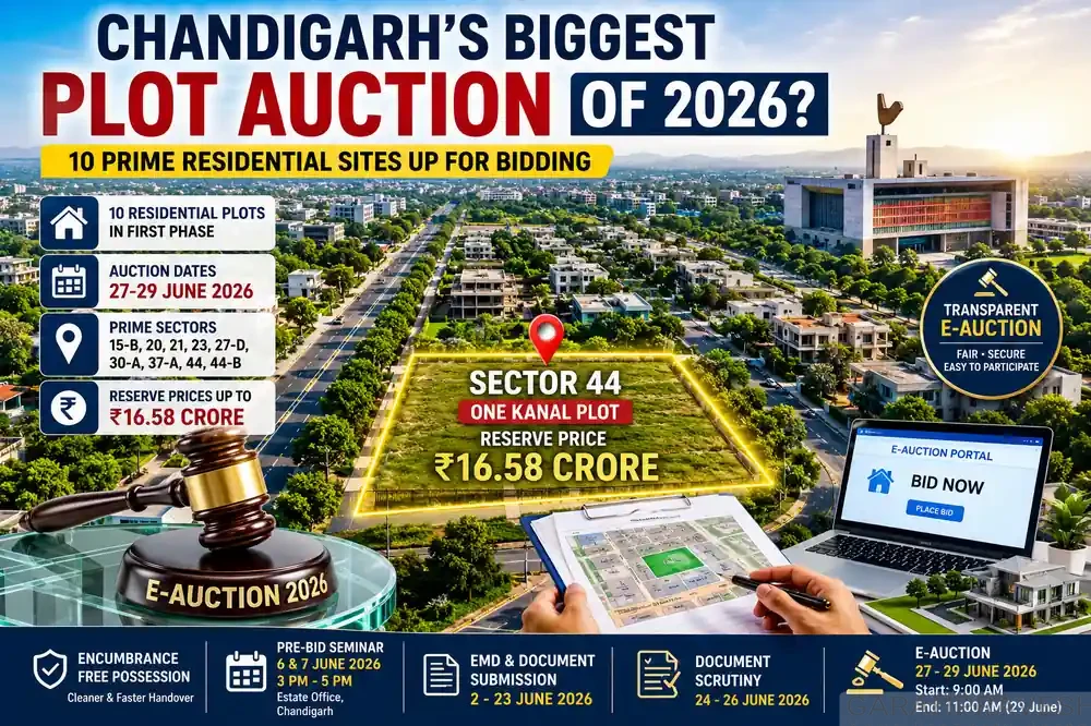 Chandigarh Residential Plots Auction 2026 featuring prime residential sites across key sectors including Sector 44 with reserve price of ₹16.58 crore.