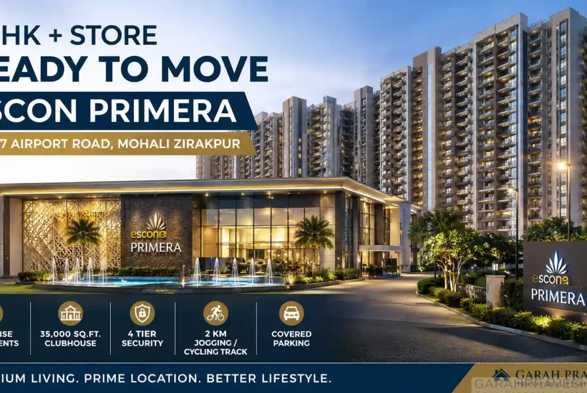 2BHK + Store ready-to-move flat at Escon Primera PR7 Airport Road Mohali Zirakpur with high-rise towers, clubhouse and modern lifestyle amenities | Garah Pravesh